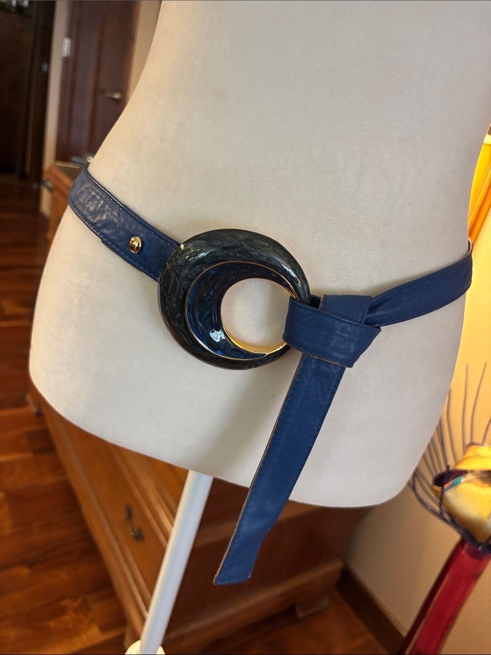 Vintage Alexis Kirk Blue Statement Belt with Round Gold and Blue Swirl Buckle